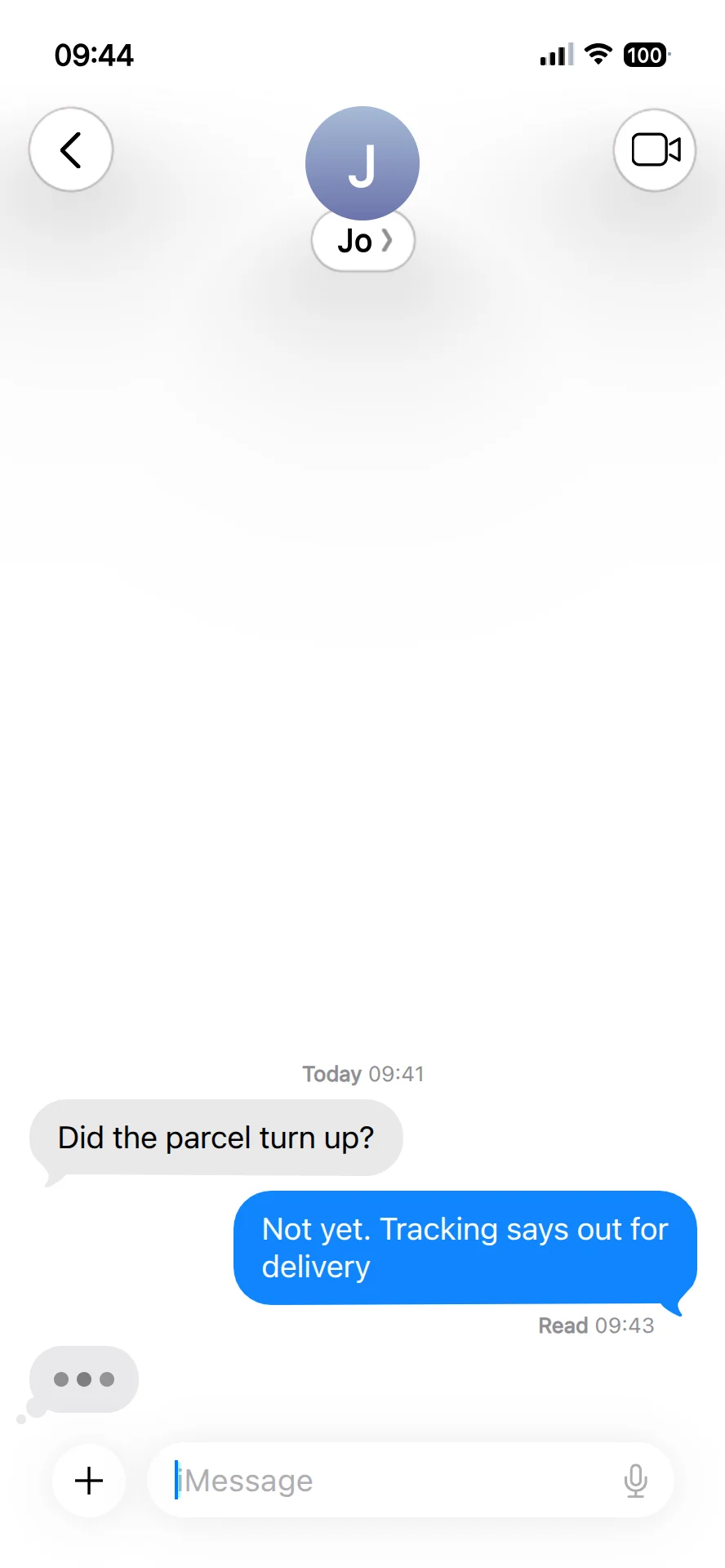 Screenshot two of the same thread at 09:44: the same message now shows Read 09:43 and a typing indicator